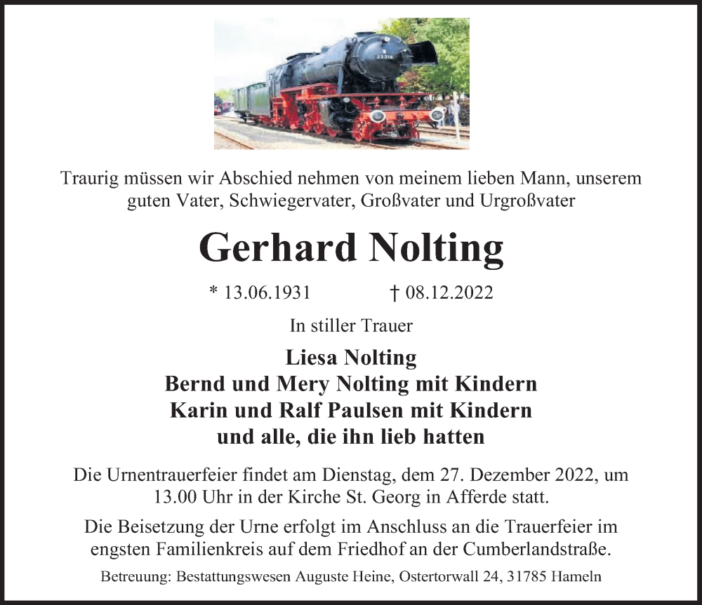  Traueranzeige für Gerhard Nolting vom 17.12.2022 aus Deister- und Weserzeitung