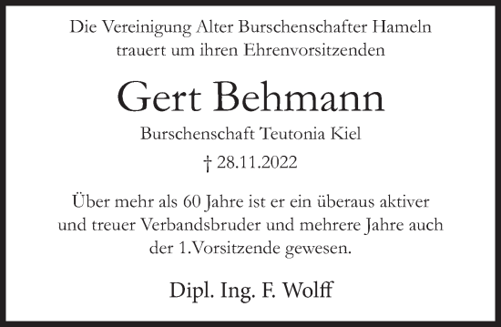 Traueranzeige von Gert Behmann von Deister- und Weserzeitung