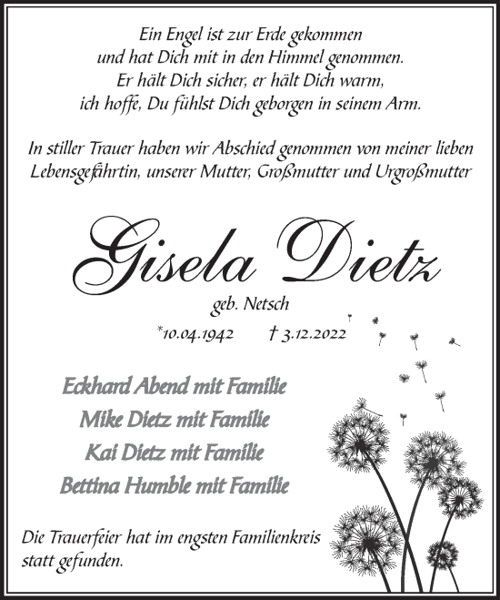 Traueranzeige von Gisela Dietz von Neue Deister-Zeitung