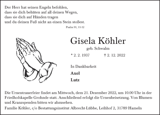 Traueranzeige von Gisela Köhler von Deister- und Weserzeitung