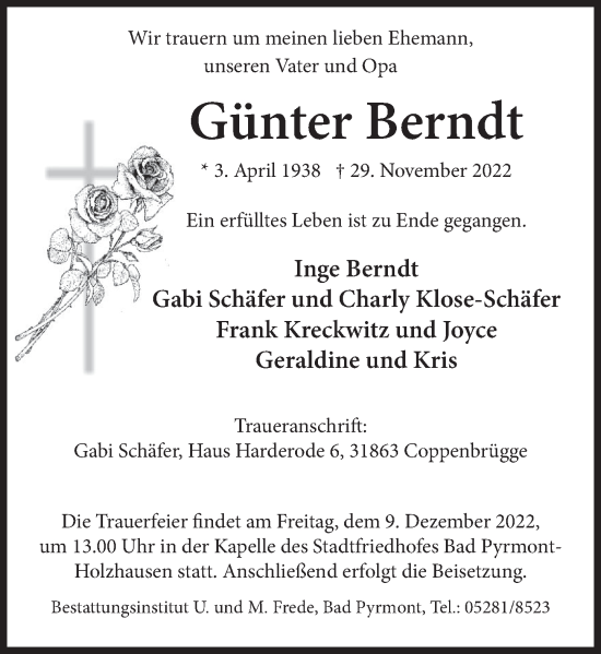Traueranzeige von Günter Berndt von Deister- und Weserzeitung