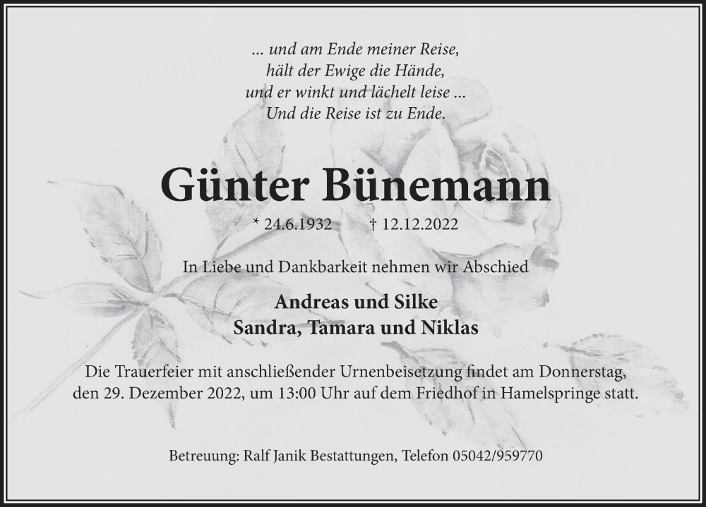  Traueranzeige für Günter Bünemann vom 22.12.2022 aus Neue Deister-Zeitung
