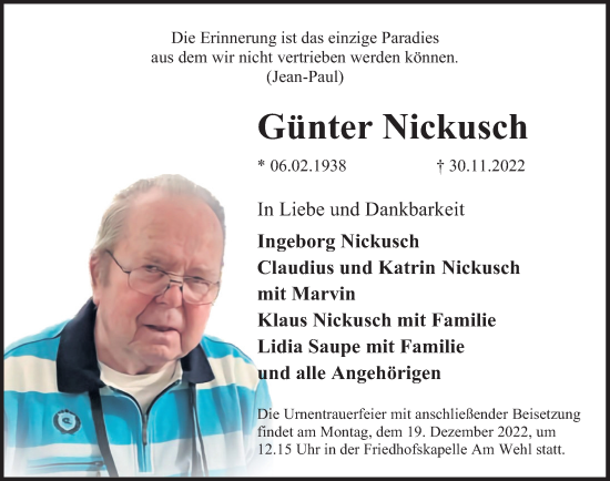 Traueranzeige von Günter Nickusch von Deister- und Weserzeitung