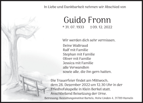 Traueranzeige von Guido Fronn von Deister- und Weserzeitung