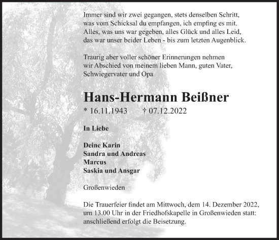 Traueranzeige von Hans-Hermann Beißner von Deister- und Weserzeitung