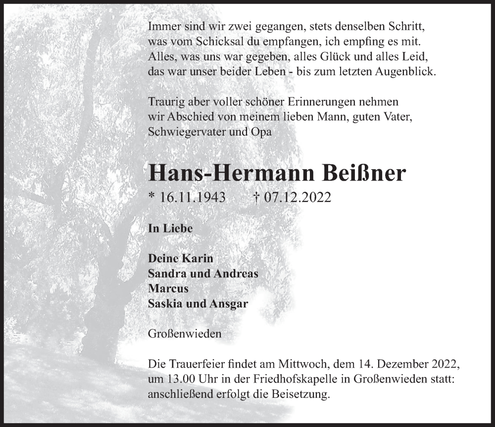  Traueranzeige für Hans-Hermann Beißner vom 10.12.2022 aus Deister- und Weserzeitung
