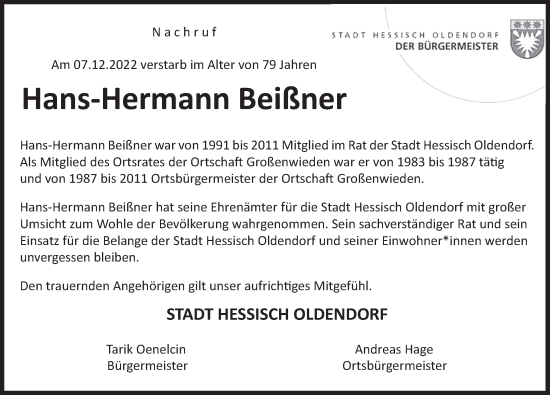 Traueranzeige von Hans-Hermann Beißner von Deister- und Weserzeitung