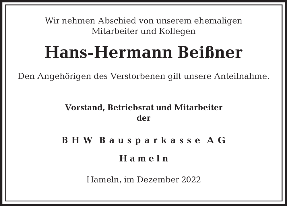  Traueranzeige für Hans-Hermann Beißner vom 22.12.2022 aus Deister- und Weserzeitung