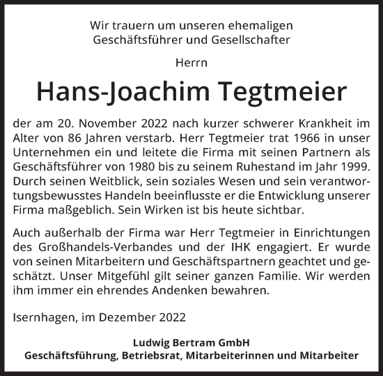 Traueranzeige von Hans-Joachim Tegtmeier von Deister- und Weserzeitung