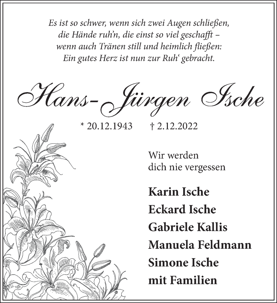  Traueranzeige für Hans-Jürgen Ische vom 17.12.2022 aus Neue Deister-Zeitung
