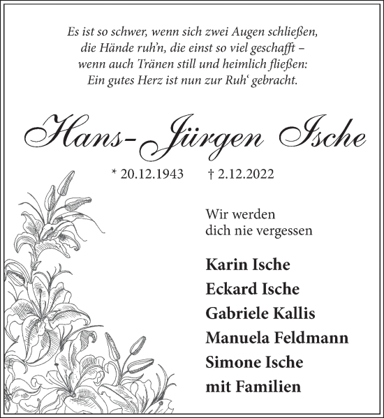 Traueranzeige von Hans-Jürgen Ische von Neue Deister-Zeitung
