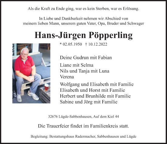 Traueranzeige von Hans-Jürgen Pöpperling von Deister- und Weserzeitung
