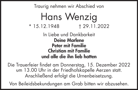 Traueranzeige von Hans Wenzig von Deister- und Weserzeitung