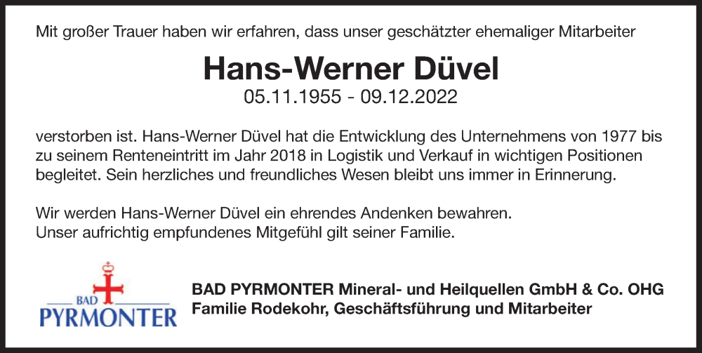  Traueranzeige für Hans-Werner Düvel vom 16.12.2022 aus Deister- und Weserzeitung