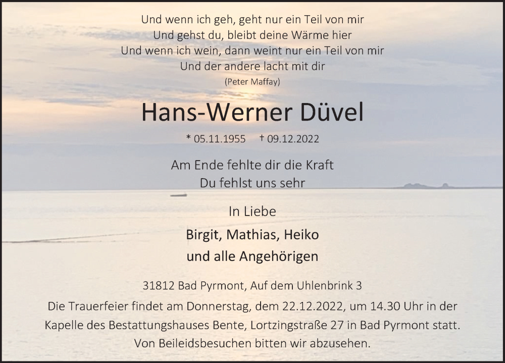  Traueranzeige für Hans-Werner Düvel vom 16.12.2022 aus Deister- und Weserzeitung