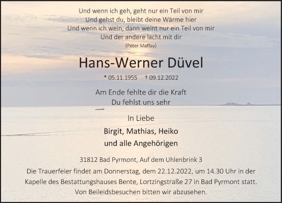 Traueranzeige von Hans-Werner Düvel von Deister- und Weserzeitung