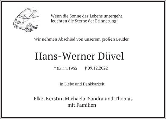 Traueranzeige von Hans-Werner Düvel von Deister- und Weserzeitung