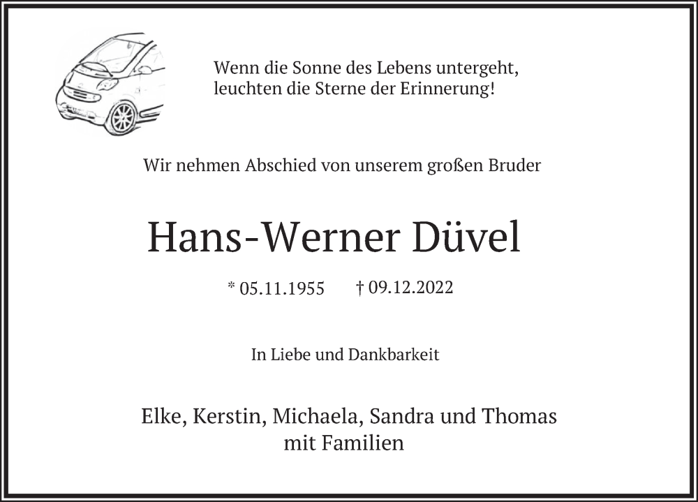 Traueranzeige für Hans-Werner Düvel vom 17.12.2022 aus Deister- und Weserzeitung