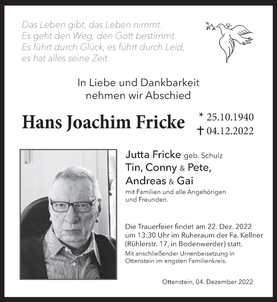  Traueranzeige für Hans Joachim Fricke vom 10.12.2022 aus Deister- und Weserzeitung