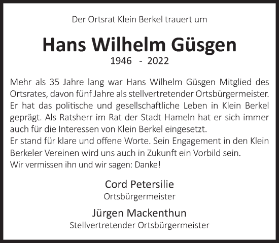 Traueranzeige von Hans Wilhelm Güsgen von Deister- und Weserzeitung