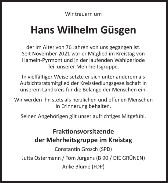 Traueranzeige von Hans Wilhelm Güsgen von Deister- und Weserzeitung