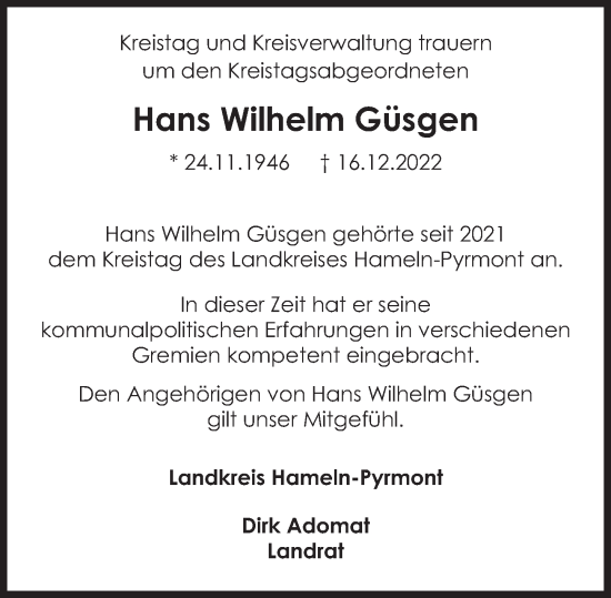 Traueranzeige von Hans Wilhelm Güsgen von Deister- und Weserzeitung