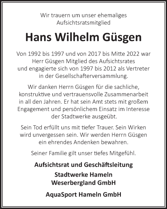 Traueranzeige von Hans Wilhelm Güsgen von Deister- und Weserzeitung
