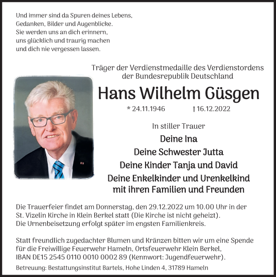 Traueranzeige von Hans Wilhelm Güsgen von Deister- und Weserzeitung