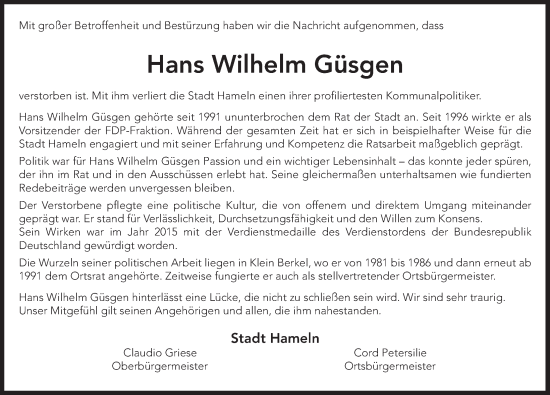 Traueranzeige von Hans Wilhelm Güsgen von Deister- und Weserzeitung