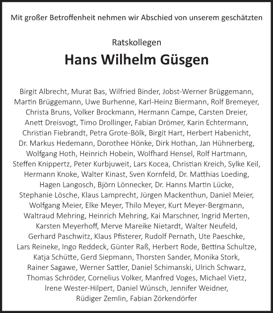 Traueranzeige von Hans Wilhelm Güsgen von Deister- und Weserzeitung