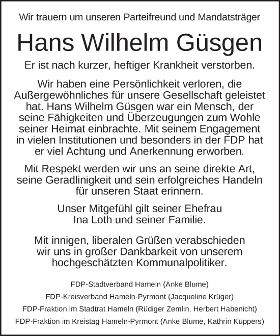 Traueranzeige von Hans Wilhelm Güsgen von Deister- und Weserzeitung