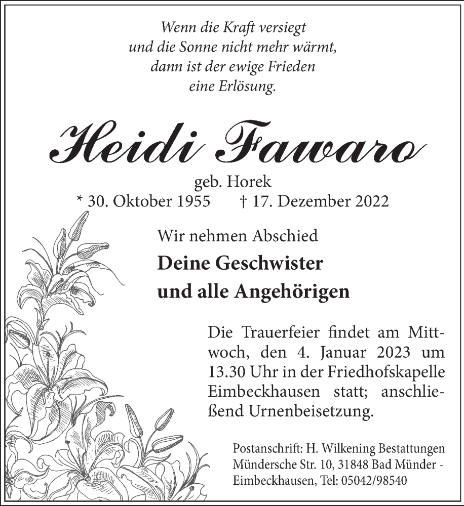  Traueranzeige für Heidi Fawaro vom 31.12.2022 aus Neue Deister-Zeitung