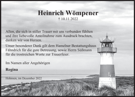 Traueranzeige von Heinrich Wömpener von Deister- und Weserzeitung