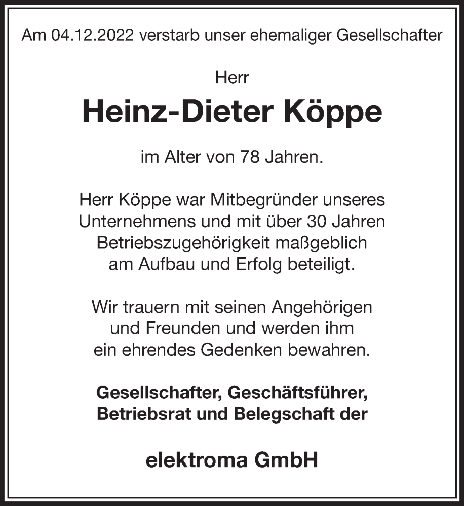  Traueranzeige für Heinz-Dieter Köppe vom 10.12.2022 aus Deister- und Weserzeitung