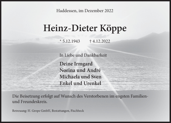 Traueranzeige von Heinz-Dieter Köppe von Deister- und Weserzeitung