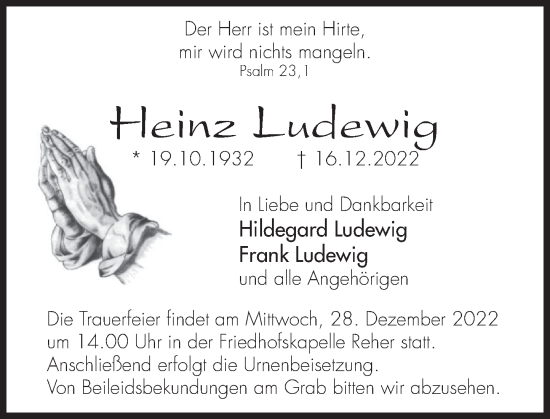 Traueranzeige von Heinz Ludewig von Deister- und Weserzeitung