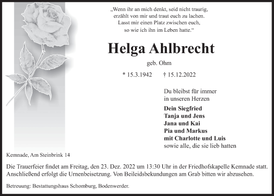 Traueranzeige von Helga Ahlbrecht von Deister- und Weserzeitung