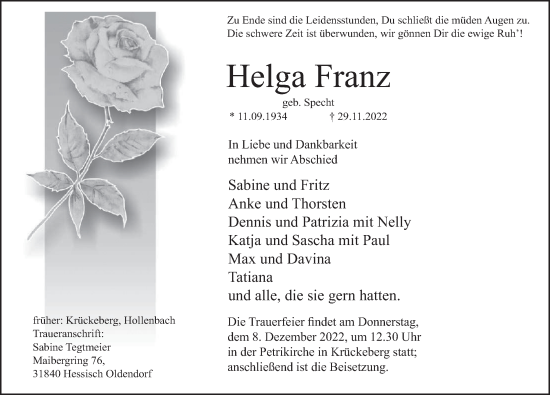 Traueranzeige von Helga Franz von Deister- und Weserzeitung