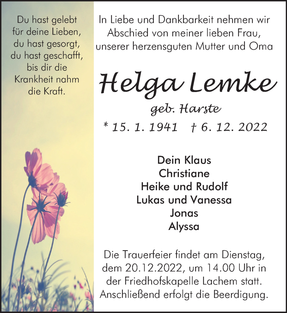  Traueranzeige für Helga Lemke vom 17.12.2022 aus Deister- und Weserzeitung