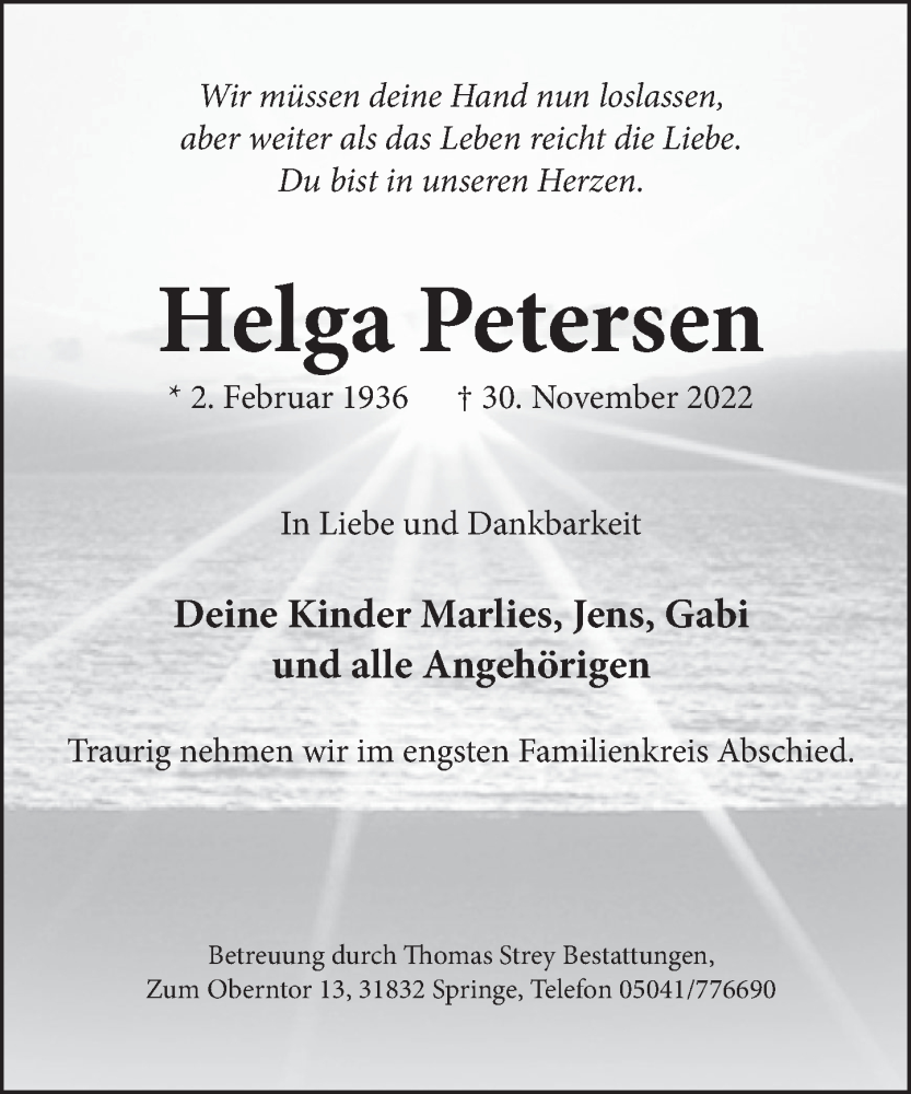  Traueranzeige für Helga Petersen vom 10.12.2022 aus Neue Deister-Zeitung