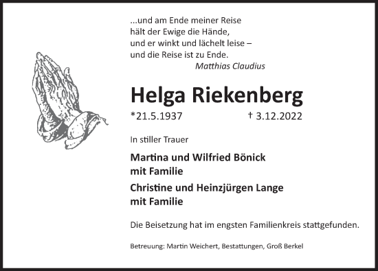 Traueranzeige von Helga Riekenberg von Deister- und Weserzeitung