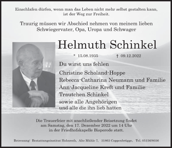 Traueranzeige von Helmuth Schinkel von Deister- und Weserzeitung