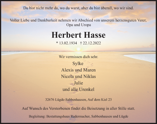 Traueranzeige von Herbert Hasse von Deister- und Weserzeitung