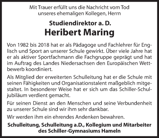 Traueranzeige von Heribert Maring von Deister- und Weserzeitung