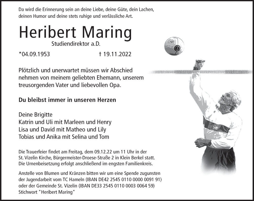  Traueranzeige für Heribert Maring vom 03.12.2022 aus Deister- und Weserzeitung