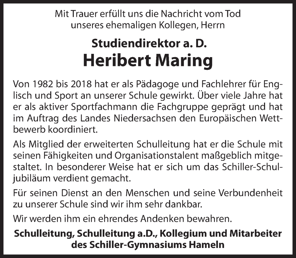  Traueranzeige für Heribert Maring vom 03.12.2022 aus Deister- und Weserzeitung