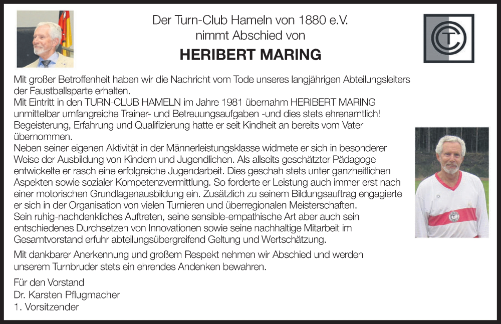  Traueranzeige für Heribert Maring vom 08.12.2022 aus Deister- und Weserzeitung