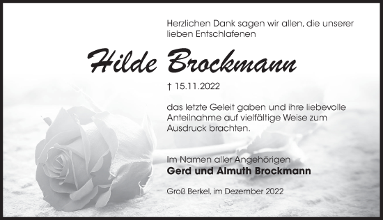 Traueranzeige von Hilde Brockmann von Deister- und Weserzeitung