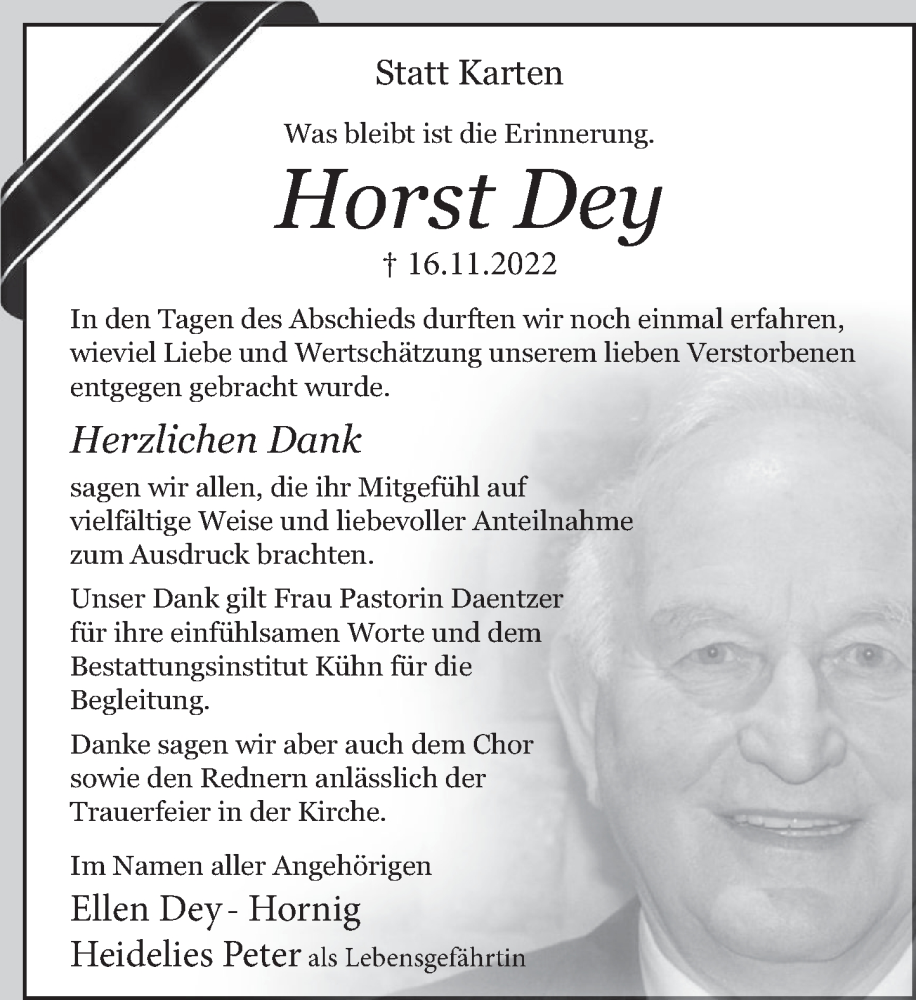  Traueranzeige für Horst Dey vom 14.12.2022 aus Neue Deister-Zeitung