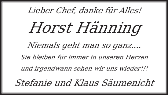 Traueranzeige von Horst Hänning von Deister- und Weserzeitung